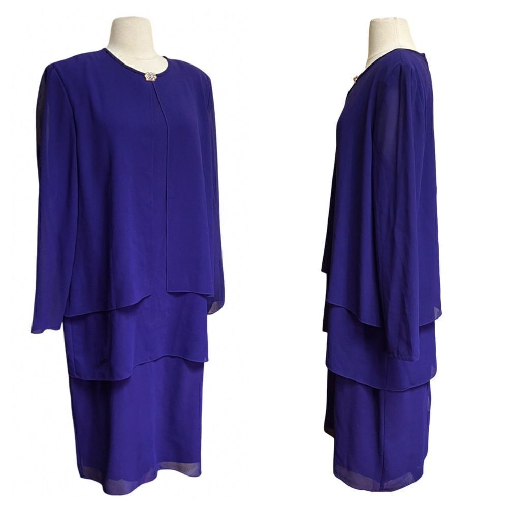 Vintage 80s Plus Size Violet Drapey Aurora Borealis Brooch Tiered Cocktail Dress